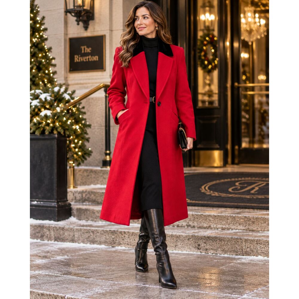 Vintage 90s Donnybrook Red 100% Wool Coat 10P Black Velvet Equestrian